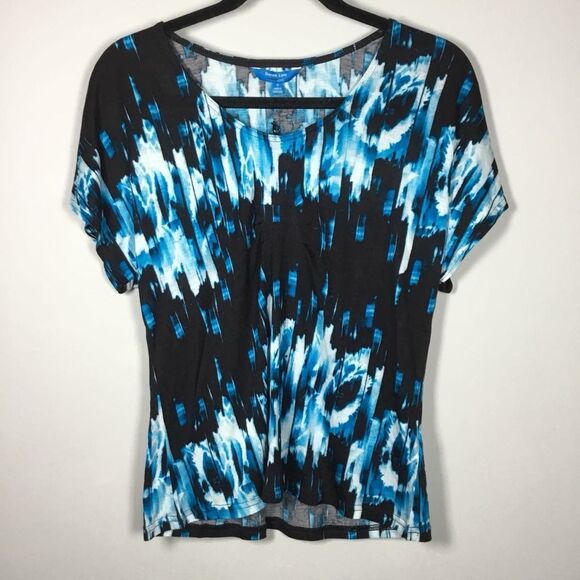 NWT Derek Lam Rio Inspired Boho Blue Tie Dye Abstract Artsy Stretch T Shirt S - Picture 1 of 10
